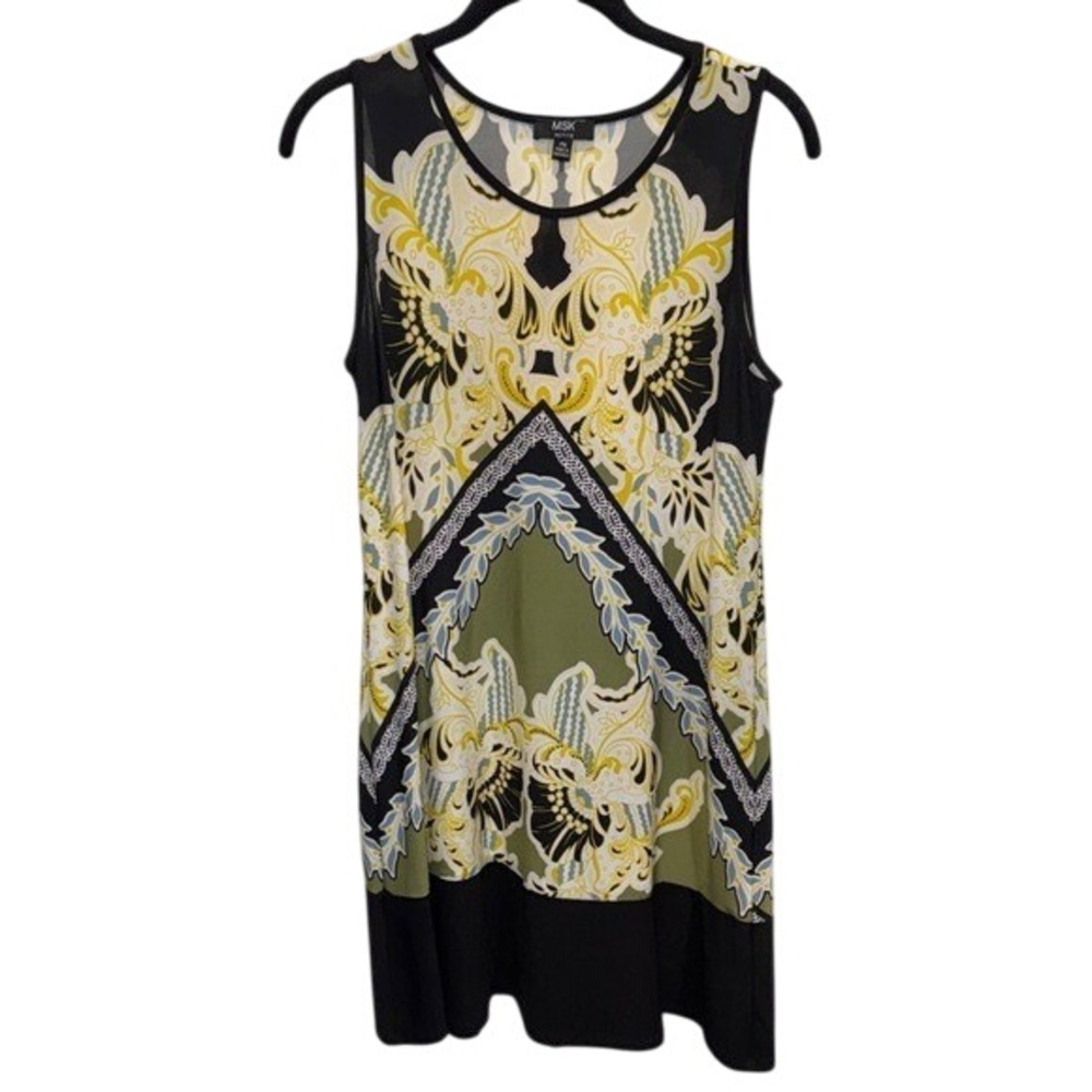 MSK Petite Dress Medium Sleeveless Black Olive‎ Green Yellow Print